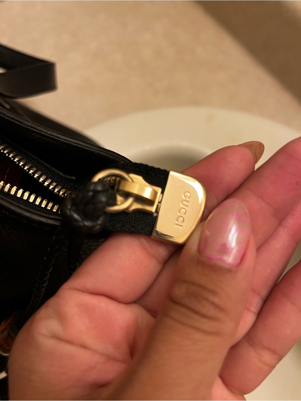 Black Leather Tote Handbag with Gold Hardware - Picture 2 of 11